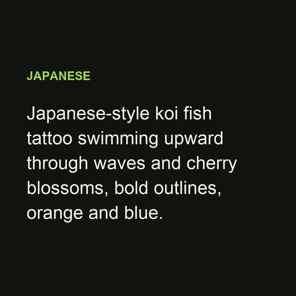 Japanese-style koi fish tattoo swimming upward through waves and cherry blossoms — prompt