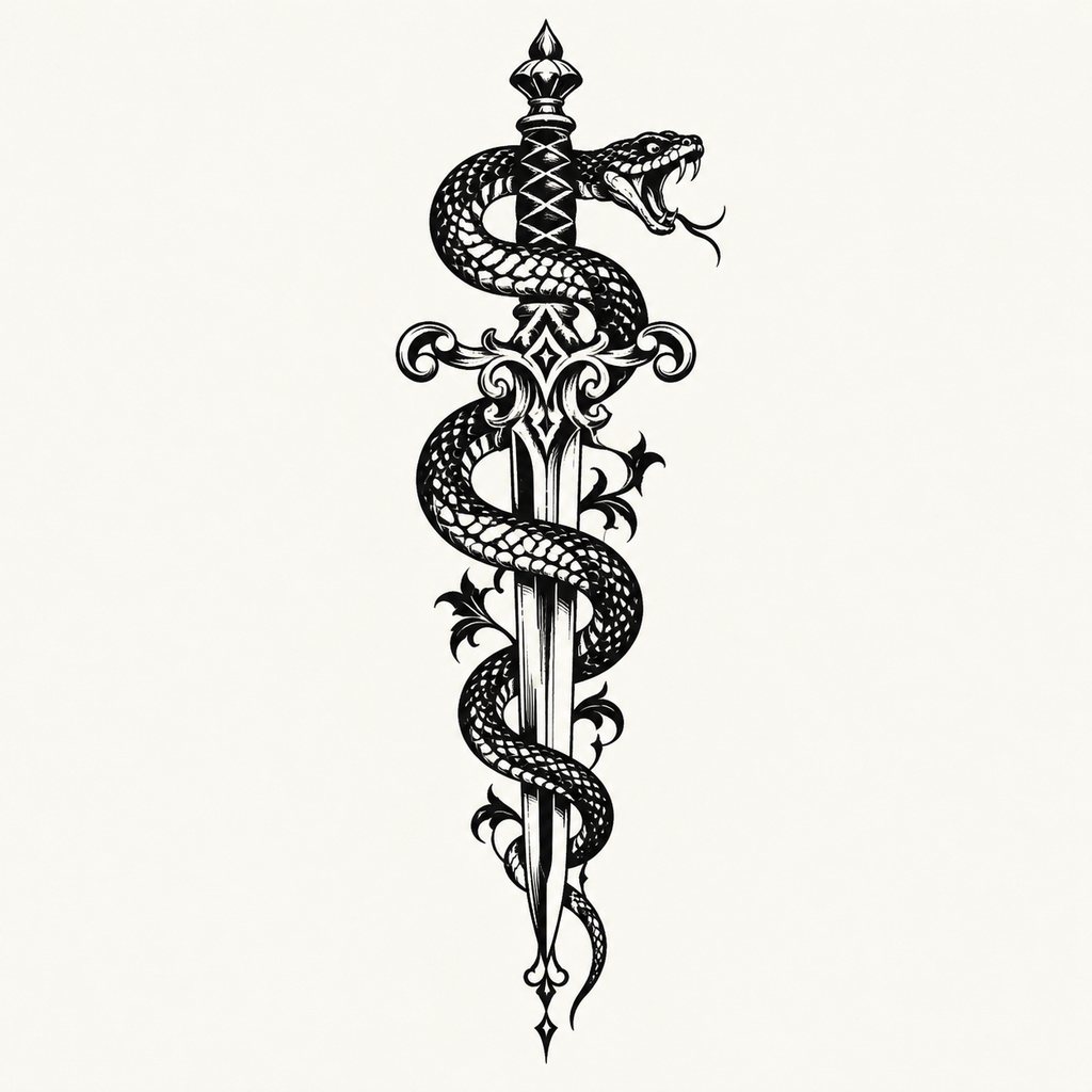 Blackwork tattoo of a snake wrapped around a dagger with ornamental filigree — design
