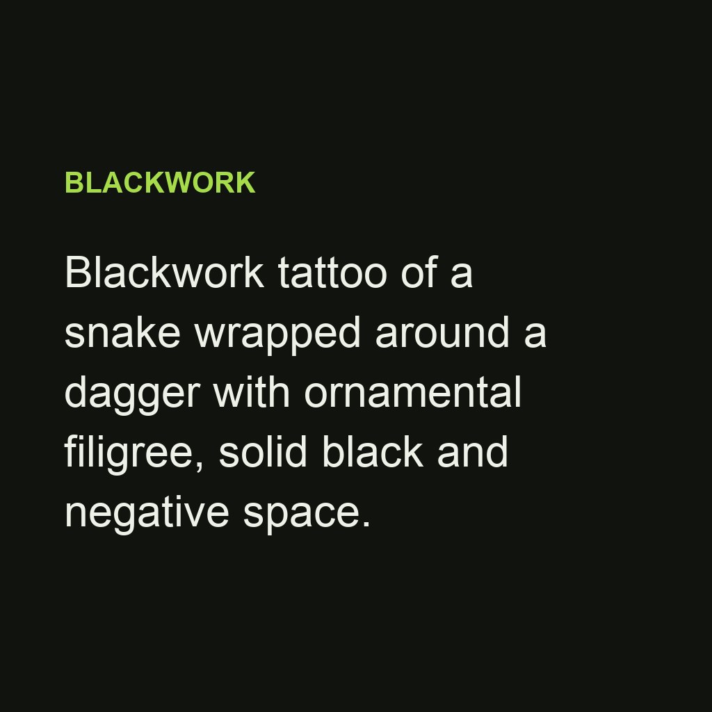 Blackwork tattoo of a snake wrapped around a dagger with ornamental filigree — prompt