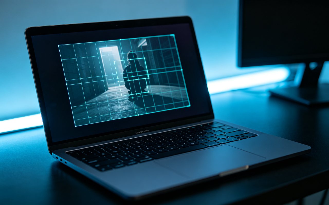 A laptop screen showing a video frame under a scanning grid while it is checked for AI generation