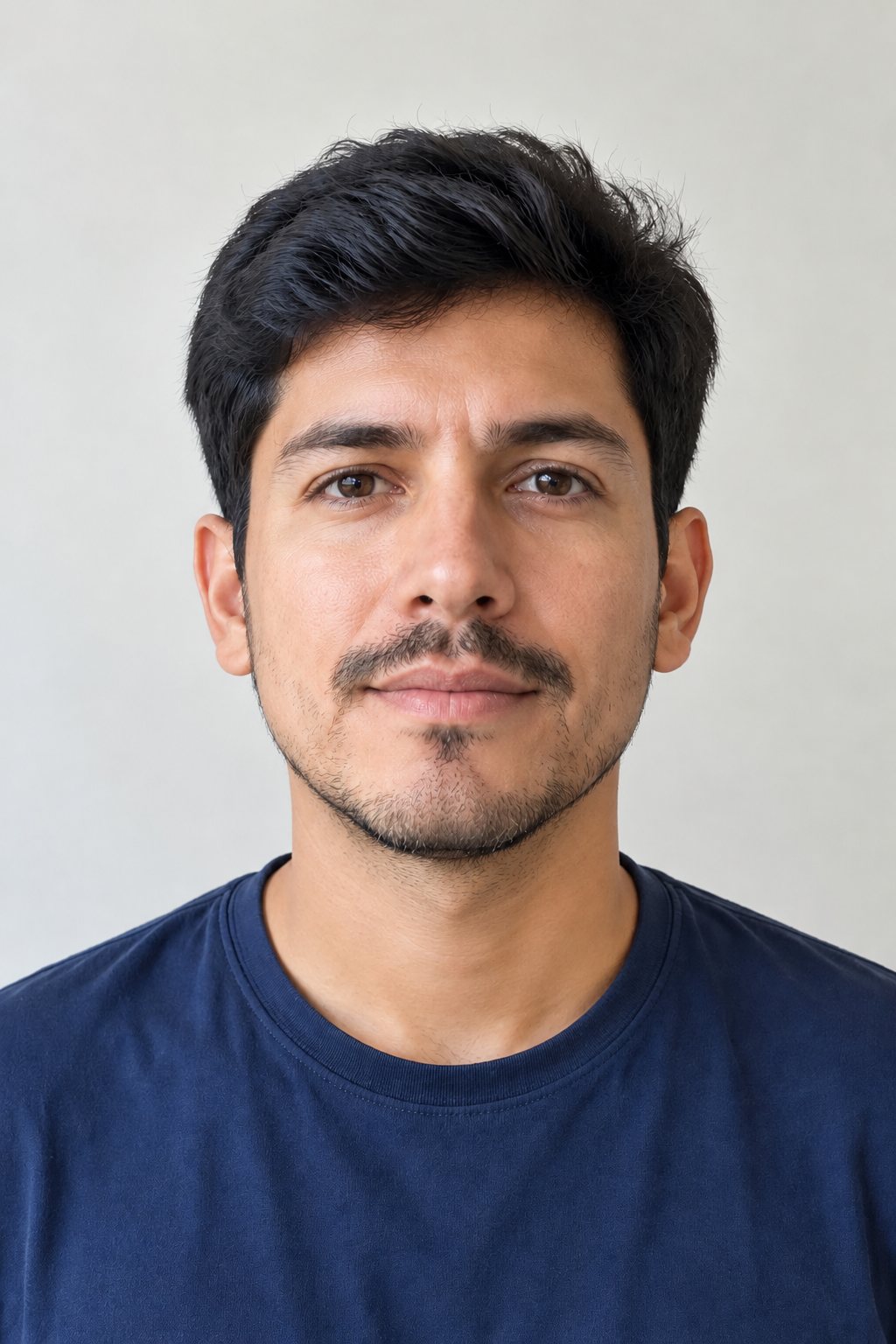 AI face swap on a portrait photo of a man in a navy tee — face swapped
