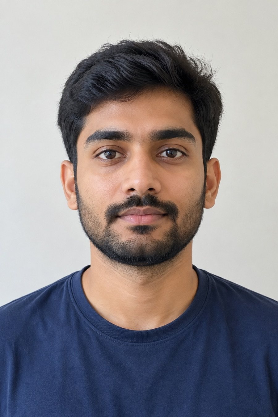 AI face swap on a portrait photo of a man in a navy tee — original