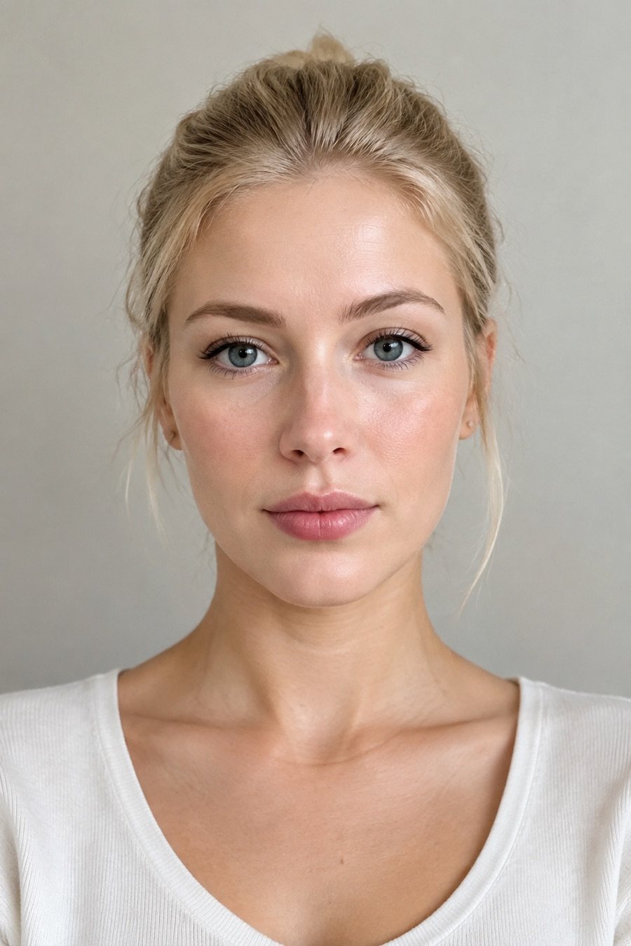 Prompt photo edit: a casual portrait turned into a clean studio portrait with soft beauty light — original