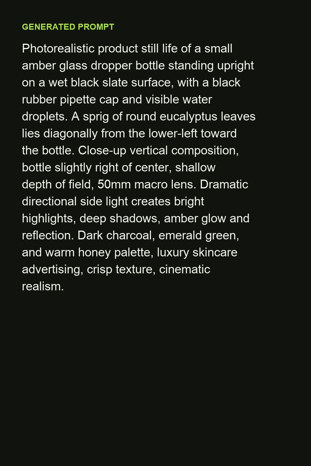 Image to prompt: an amber serum bottle product shot and the generated prompt describing the slate surface and hard light