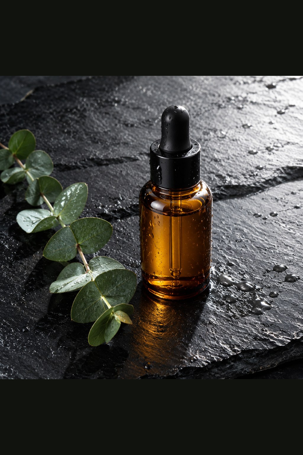 Image to prompt: an amber serum bottle product shot and the generated prompt describing the slate surface and hard light — original