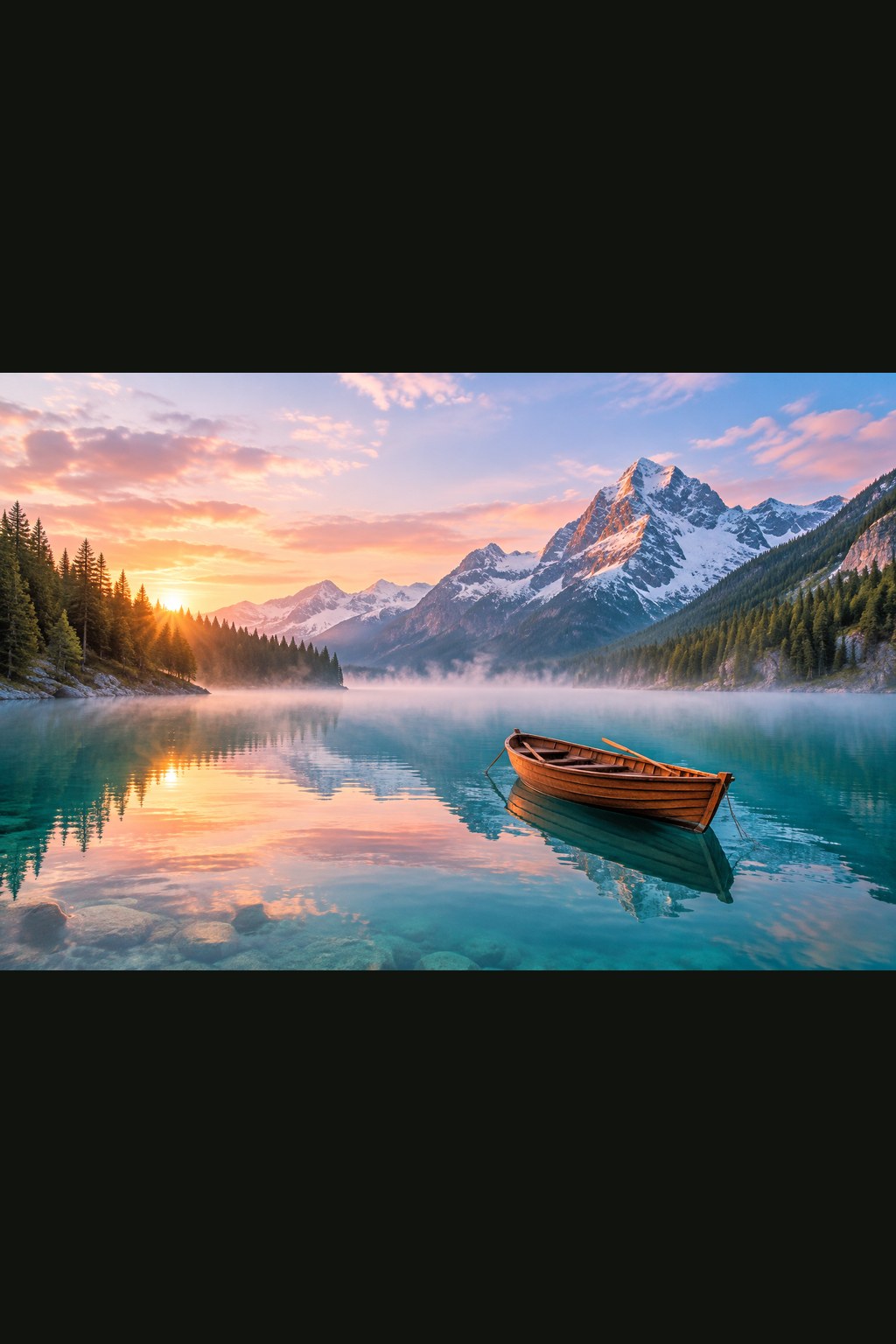 Image to prompt: an alpine lake at dawn and the generated prompt describing the mist, boat and pastel sky — original