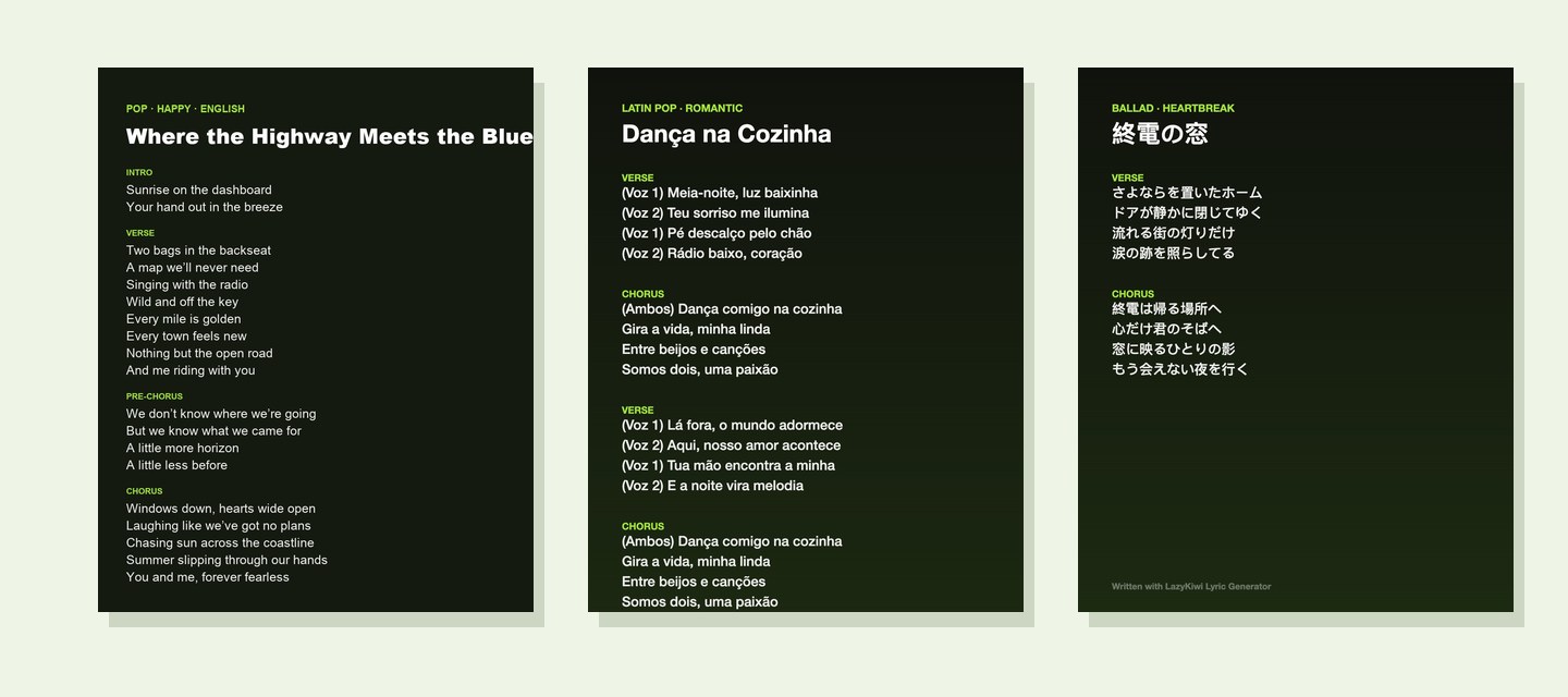 Lyric generator: three finished lyric cards — a pop song in English, a Latin pop duet in Portuguese and a Japanese ballad