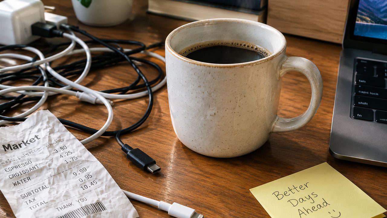 Cables, receipts and mess off the table before