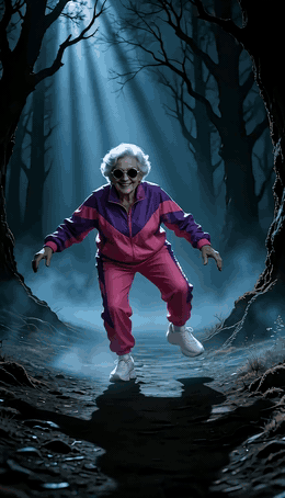 Video to GIF: a grandma in a tracksuit tiptoeing through a misty forest, as MP4 and as GIF