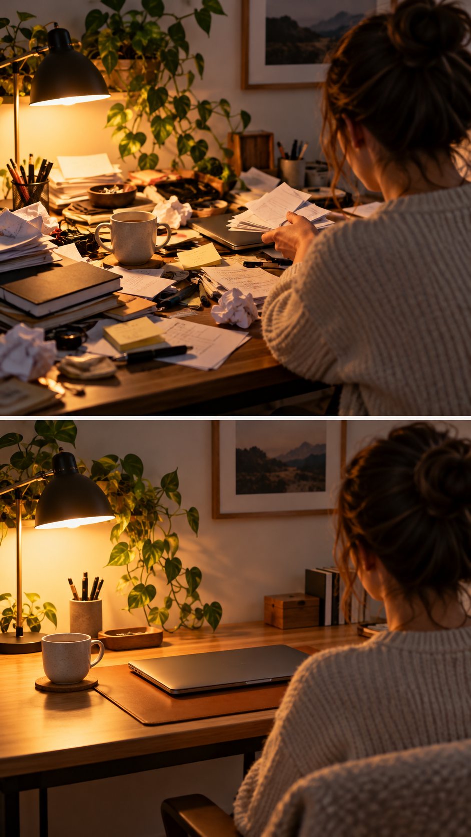Virality predictor: a desk-tidying clip thumbnail and its score card — original